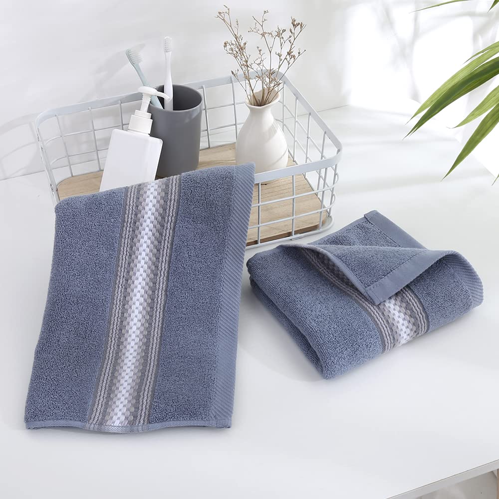 Yiluomo Blue Hand Towel Set Of 2 Soft 100% Cotton Textured Striped Pattern Highly Absorbent Decorative Hand Towels For Bathroom