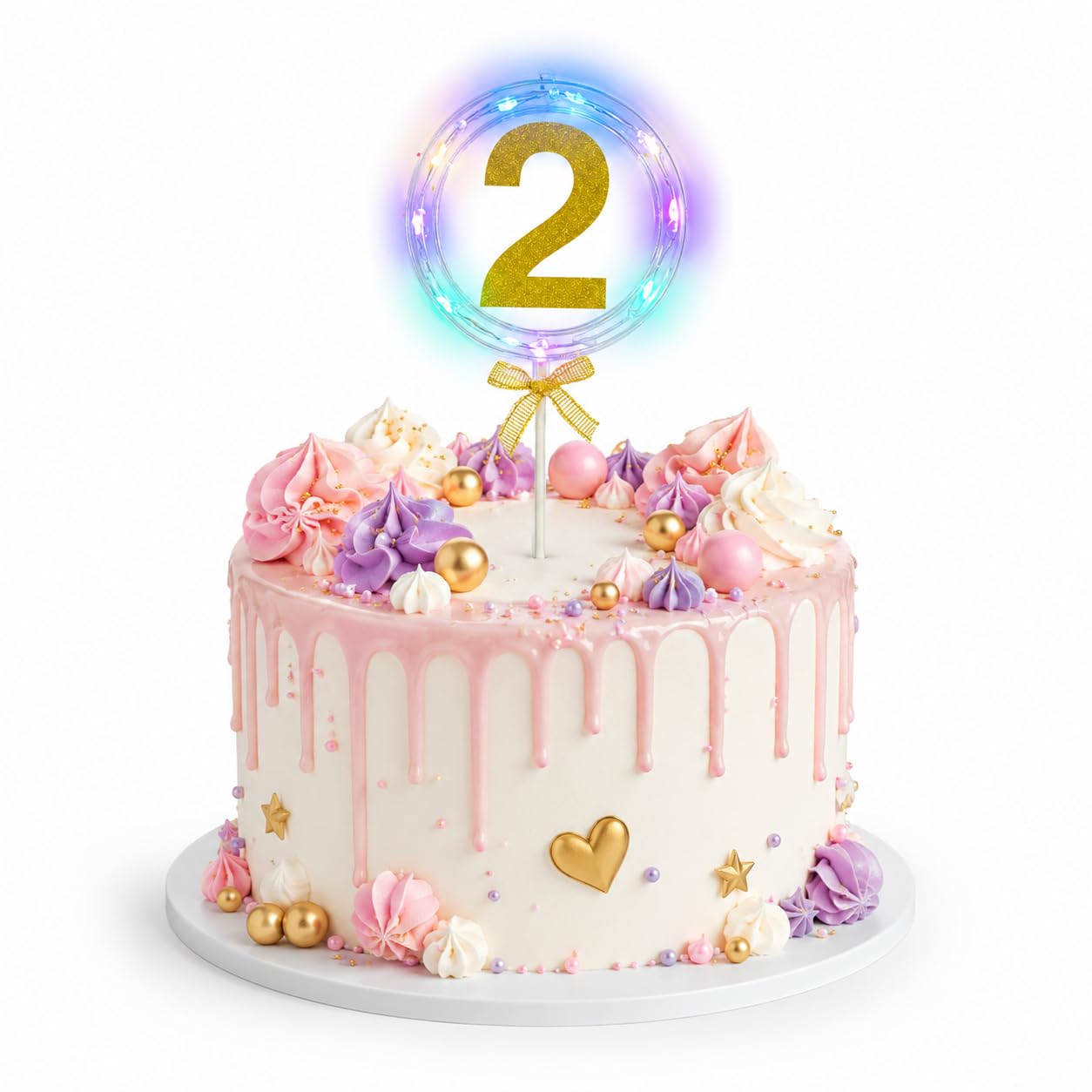 Wanna Party Number 2 Led Cake Topper, Transparent Round Design With Gold Glitter Number, BuiltIn Light String & Bow, 2Nd Birthd