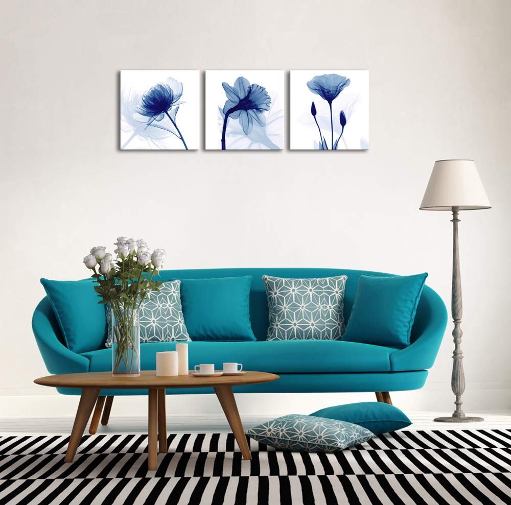 Wieco Art Blue Abstract Flowers 3 Panels Giclee Canvas Prints Wall Art Modern Pictures Artwork For Living Room Bedroom And Home