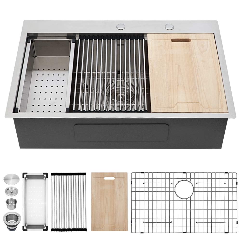 Kichae 28 Kitchen Sink Drop In - 28X22 Inch Drop Sink Workstation Stainless Steel Single Bowl Topmount Overmount Kitchen Sink Ha