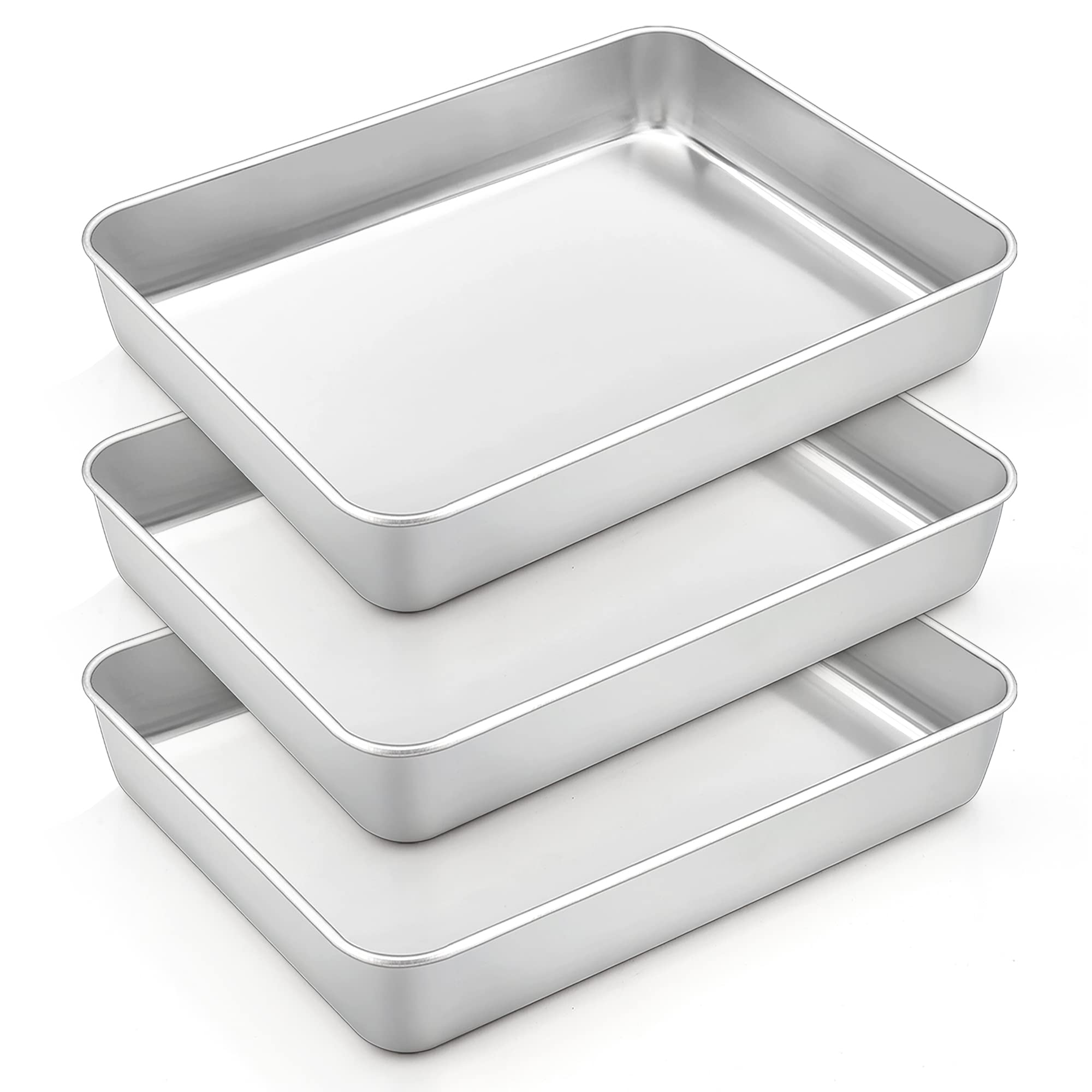 Teamfar Rectangular Cake Pan Set Of 3, 10.5 X 8 X 2 Stainless Steel Baking Roasting Lasagna Brownie Cake Pan, Non-Toxic & Sturdy