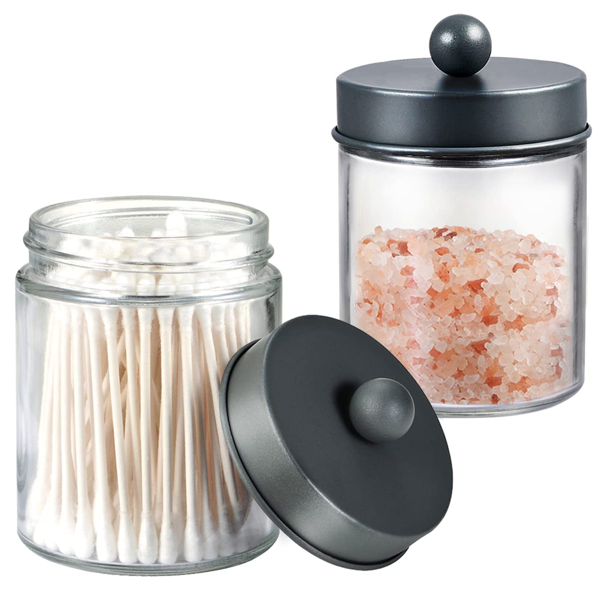 6 Pack Apothecary Jars Bathroom Vanity Organizer- Rustic Farmhouse Decor Storage Canister with Stainless Steel Lids- Qtip Dispenser Holder for Q-Tips Cotton Swabs Rounds Ball Flossers (Grey)