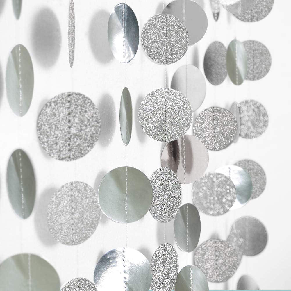 Cheerland Glitter Silver Circle Dot Garlands Party Decorations Hanging Circle Banner Streamer Backdrop Decor Wedding Birthday Bday Engagement Bridal Shower Bachelorette Party Supplies