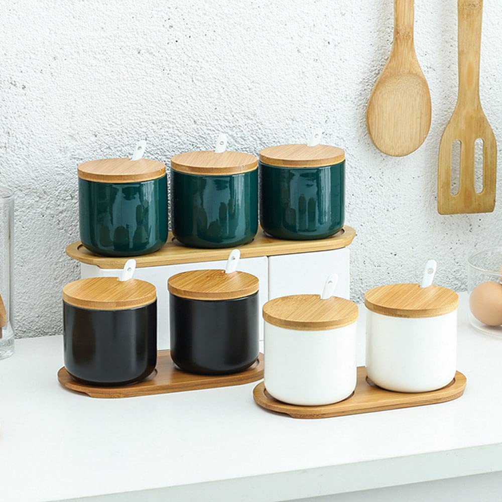 Rocktrend Simple Pure Color Ceramic Spice Jar Seasoning Box Condiment Pot Sugar Bowl With Bamboo Lid And Spoon