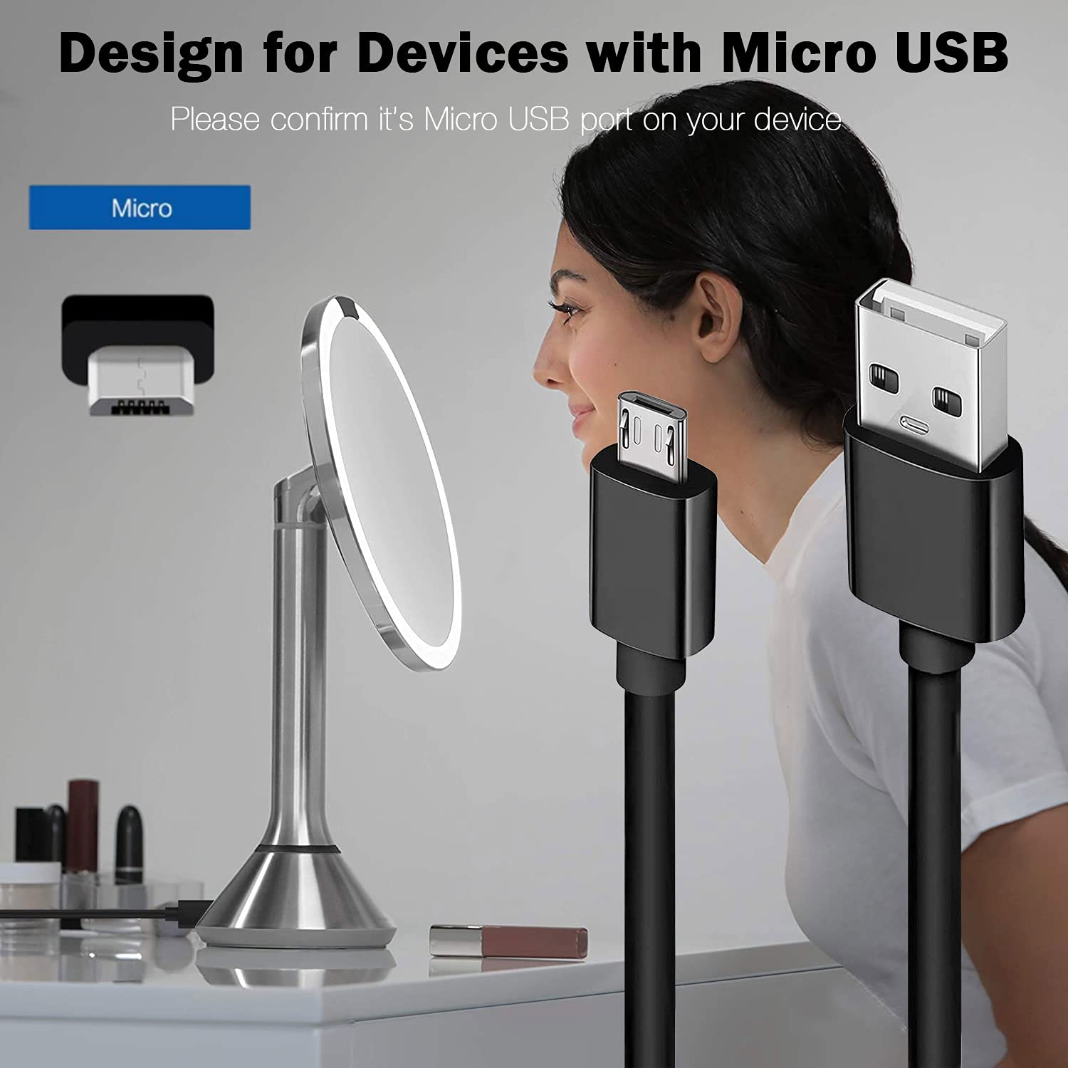 Rahhaze Replacement Micro Usb Charging Cable Cord For Simple Human Mirror Compatible With Simplehuman Mirror 5'' 8'' Round Light