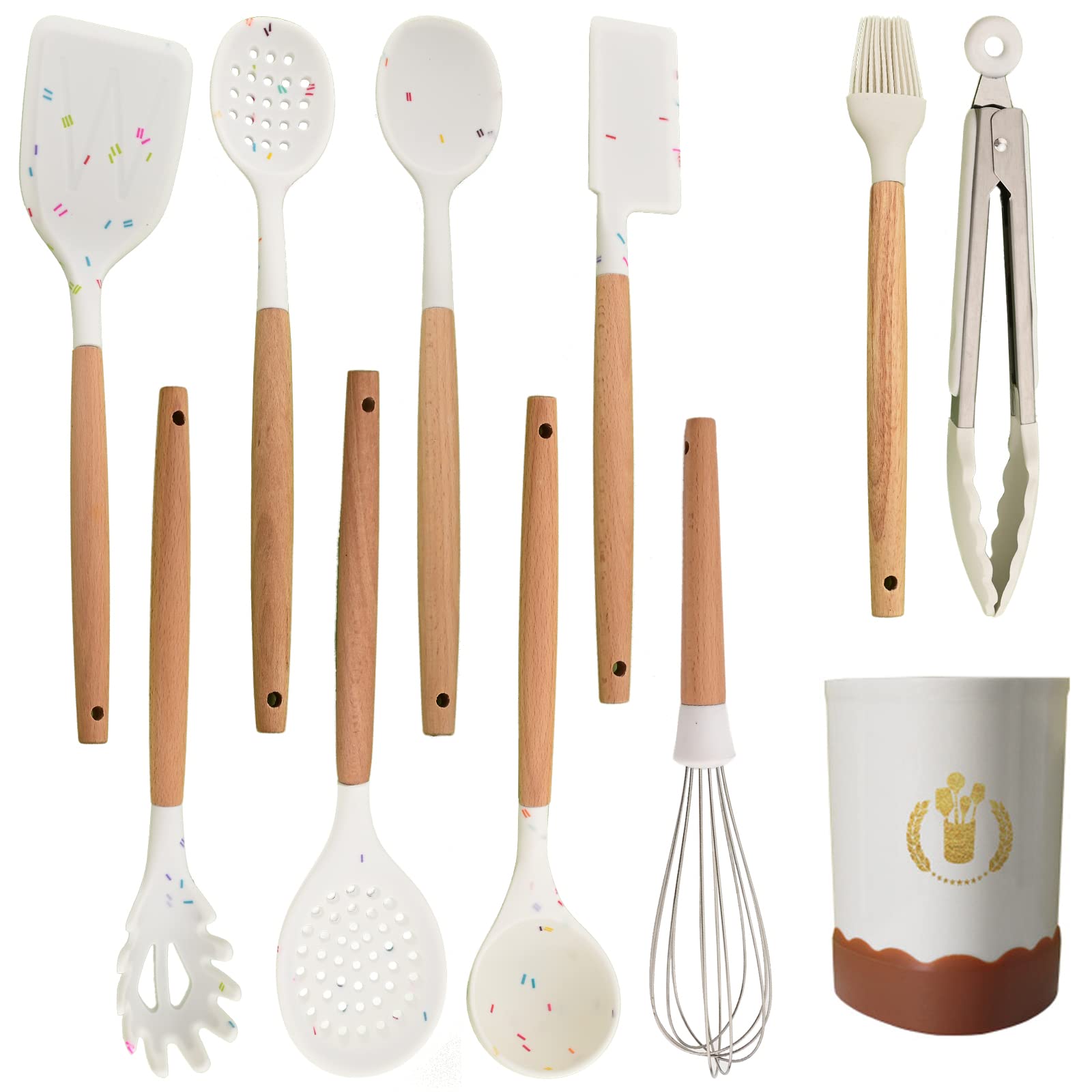 JASHII Silicone Kitchen Utensils Set White Rubber Spatulas with Wooden Handle, Silicone Cooking Utensils with Holder, Heat Resis