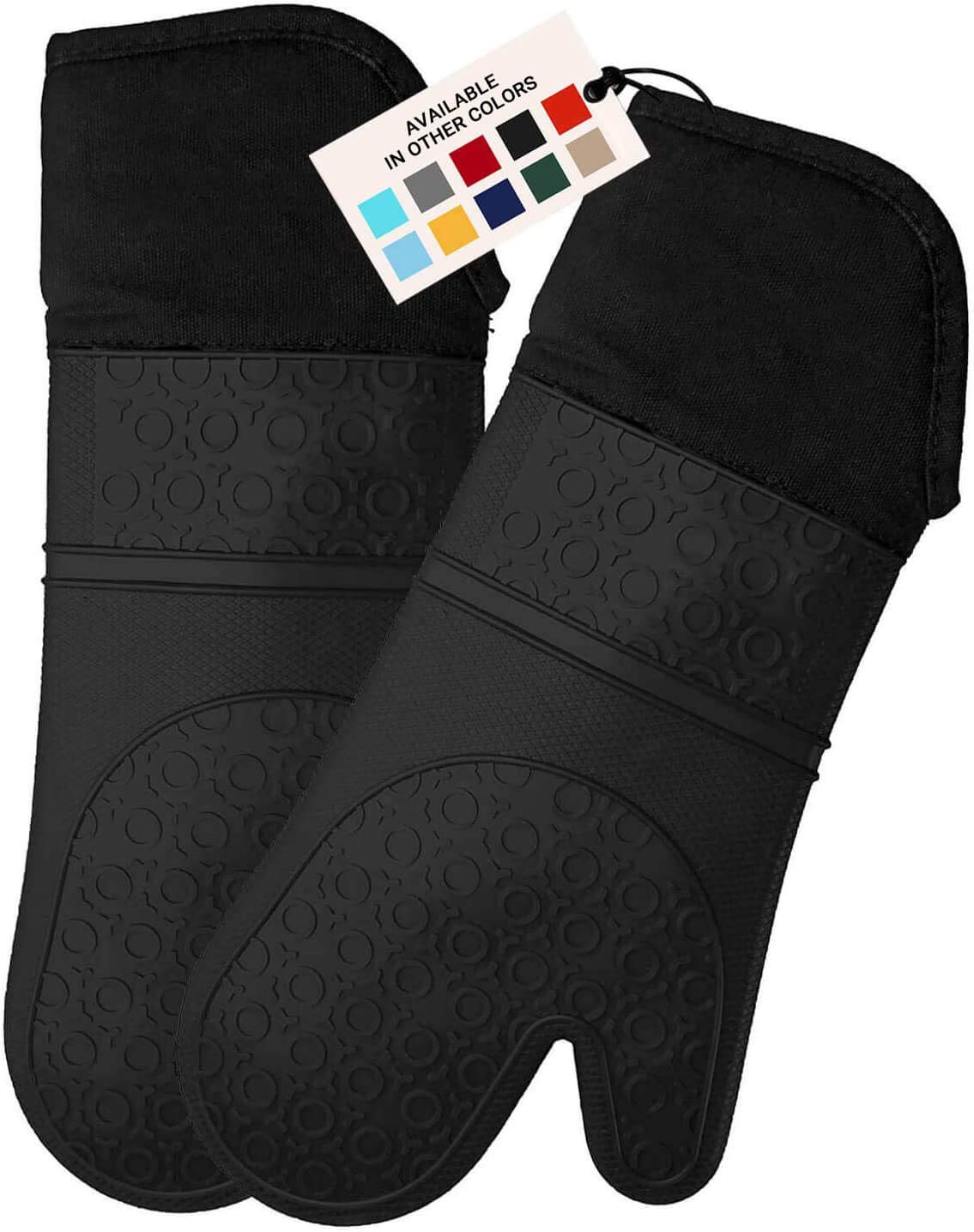 Extra Long Professional Silicone Oven Mitt, Oven Mitts with Quilted Liner, Heat Resistant Pot Holders, Flexible Oven Gloves, Bla