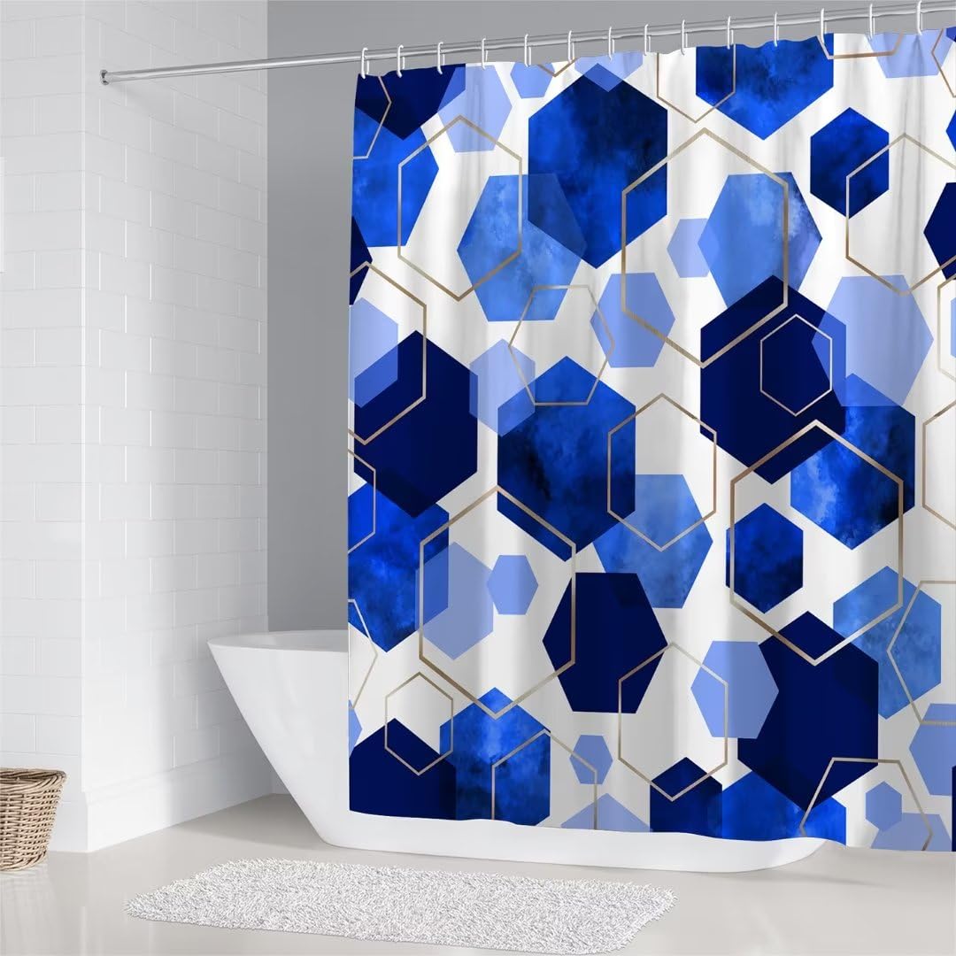 Lqcool Blue Bathroom Curtain Set, 4Pcs Modern Art Geometric Shower Curtain With 12 Hooks, Waterproof, Blackout, 70.8' L X 70.8'