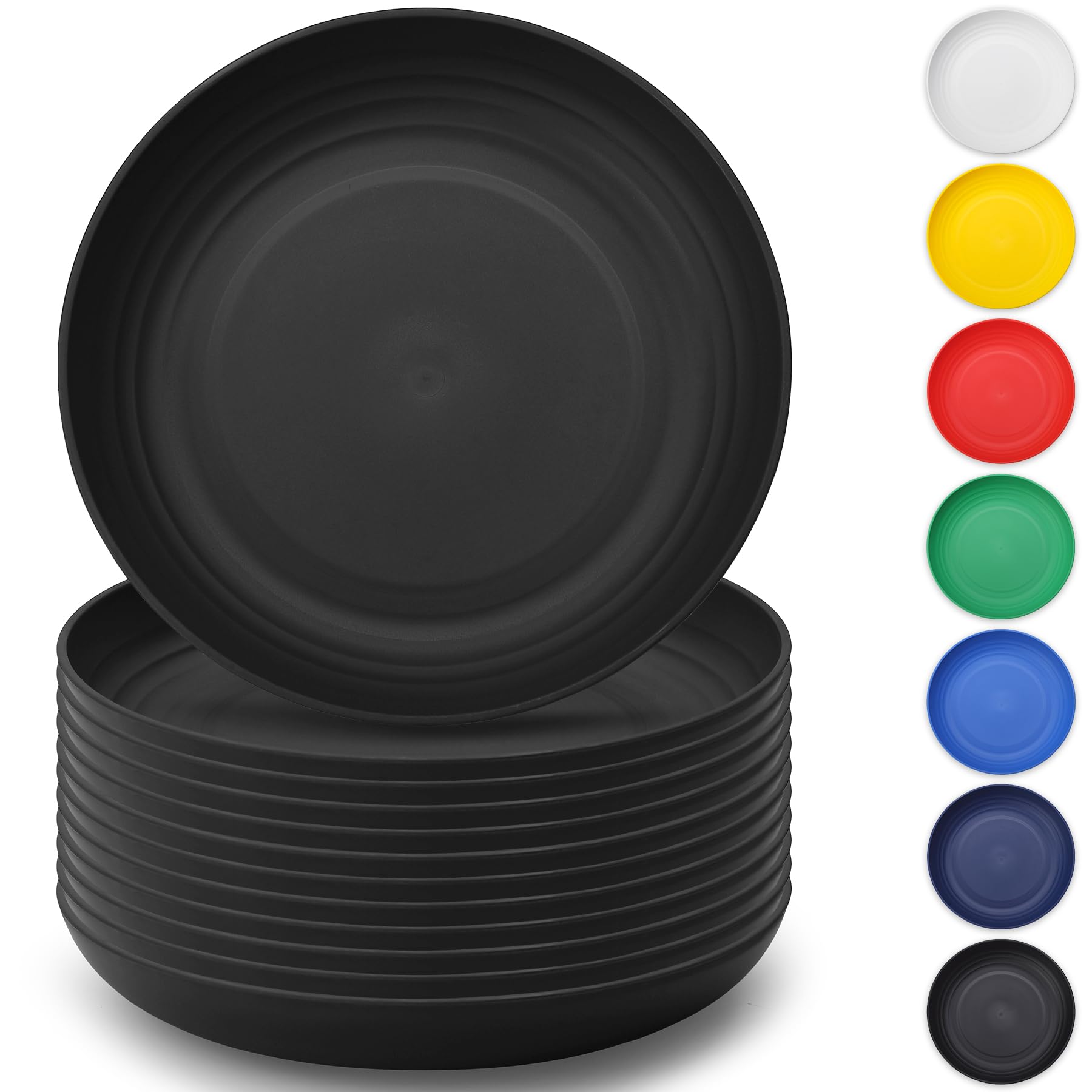 Berglander Black Plastic Plates Set of 12 Pieces 9, Reusable and Sturdy Unbreakable Dinner Plates, Salad Plates, Pasta Bowls, Di