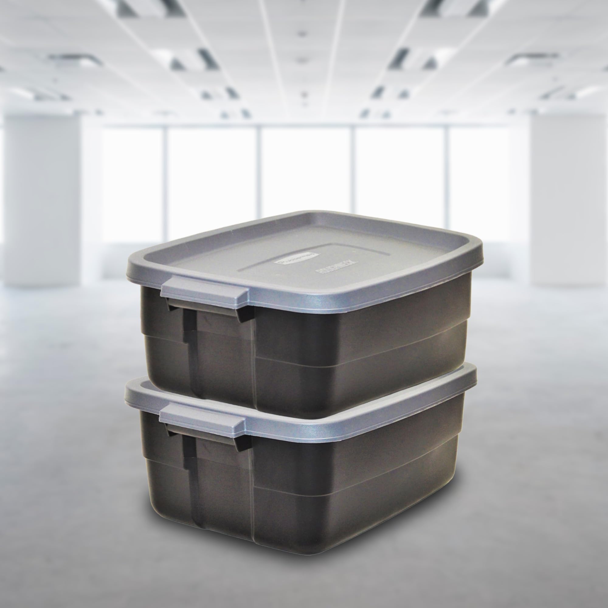 Rubbermaid Roughneck Tote 10 Gal - 6 Pack |Made In The Usa| Black & Grey, Rugged Plastic Stackable Storage Tote With Lid And Han