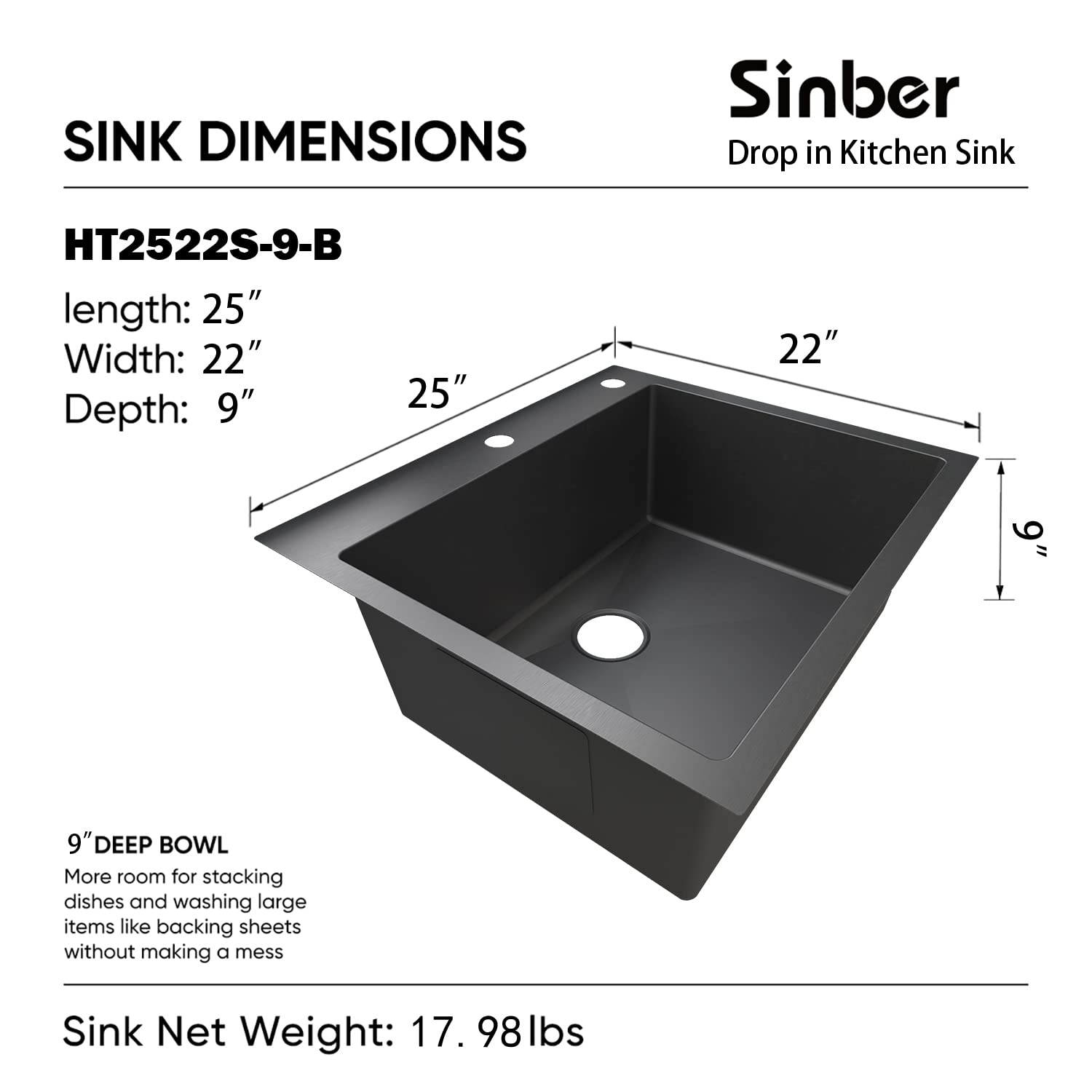 Sinber 25'' x 22'' x 9'' Drop In Single Bowl Kitchen Sink with 18 Gauge 304 Stainless Steel Black Finish HT2522S-9-B (Sink Only)