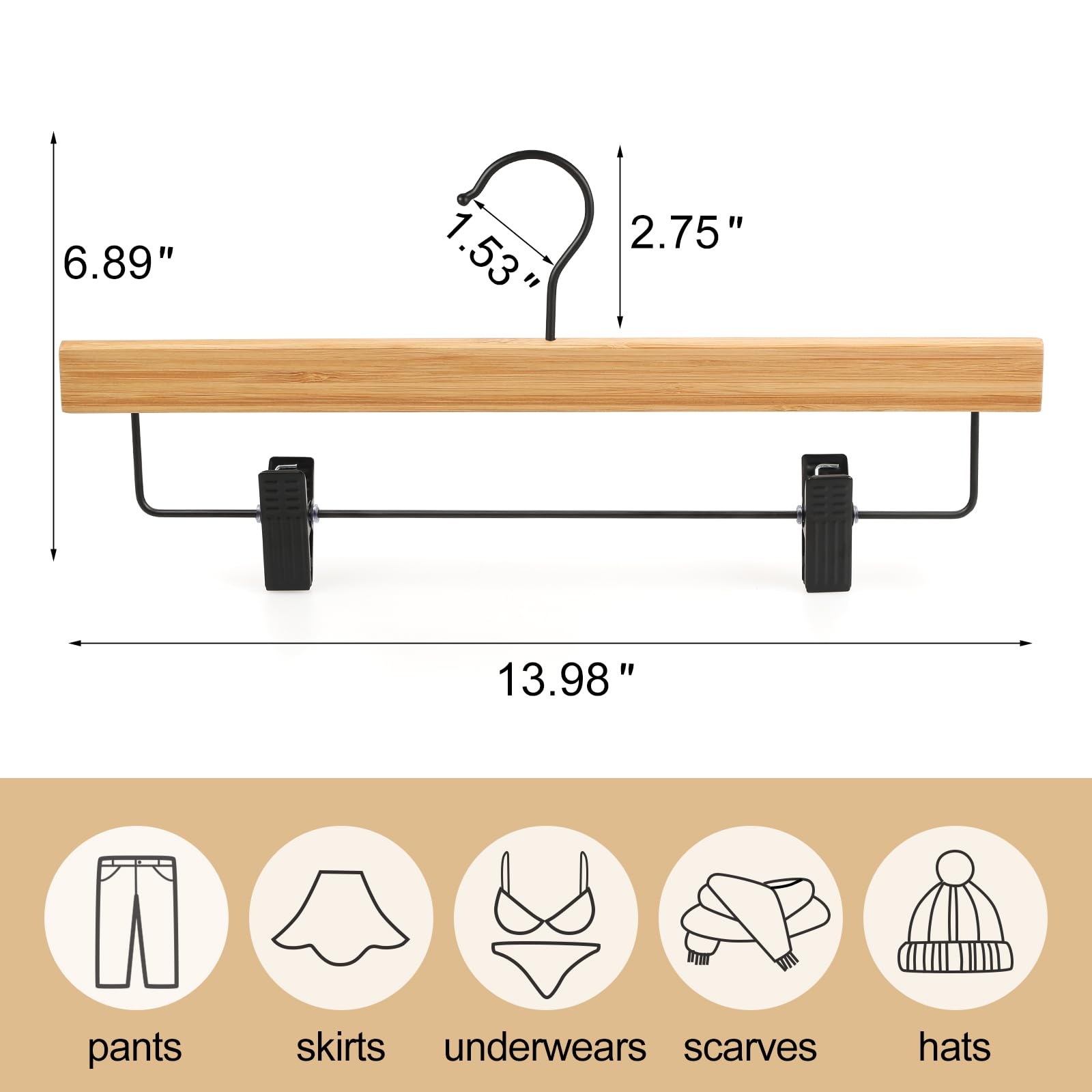 Topia Hanger Pants Hangers 20 Pack, Bamboo Clothes Hangers With Black Clips And Rotatable Hook, Durable Natural Wooden Hangers F