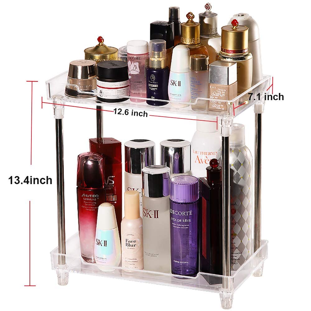 Afoobezos 2-Tier Storage Shelves, Multifunctionl Vanity Makeup Organizers, Clear Display Tray Caddy Stand For Bathroom Kitchen B