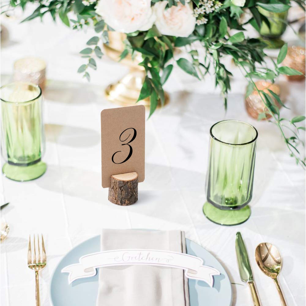 Jofefe 12Pcs Mini Premium Wood Place Card Holders and 24Pcs Kraft Table Place Cards  Rustic Mini Table Number Holders  Table Sign Stand  Name Card Photo Picture Holders for Wedding  Party  Birthday.