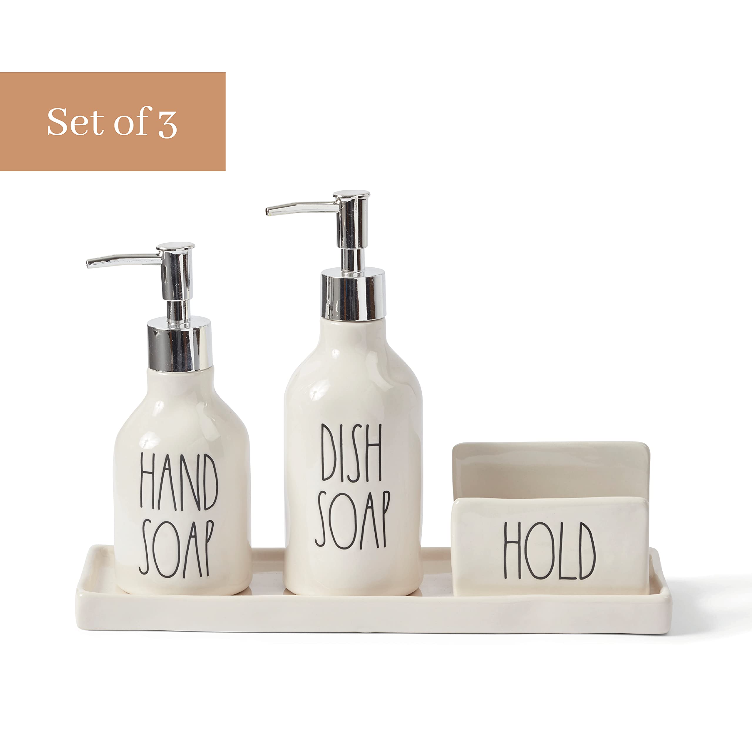 Rae Dunn Kitchen-Sink Soap Dispenser Set, Hand Soap And Dish Soap Dispenser For Kitchen With Sponge Holder And Tray