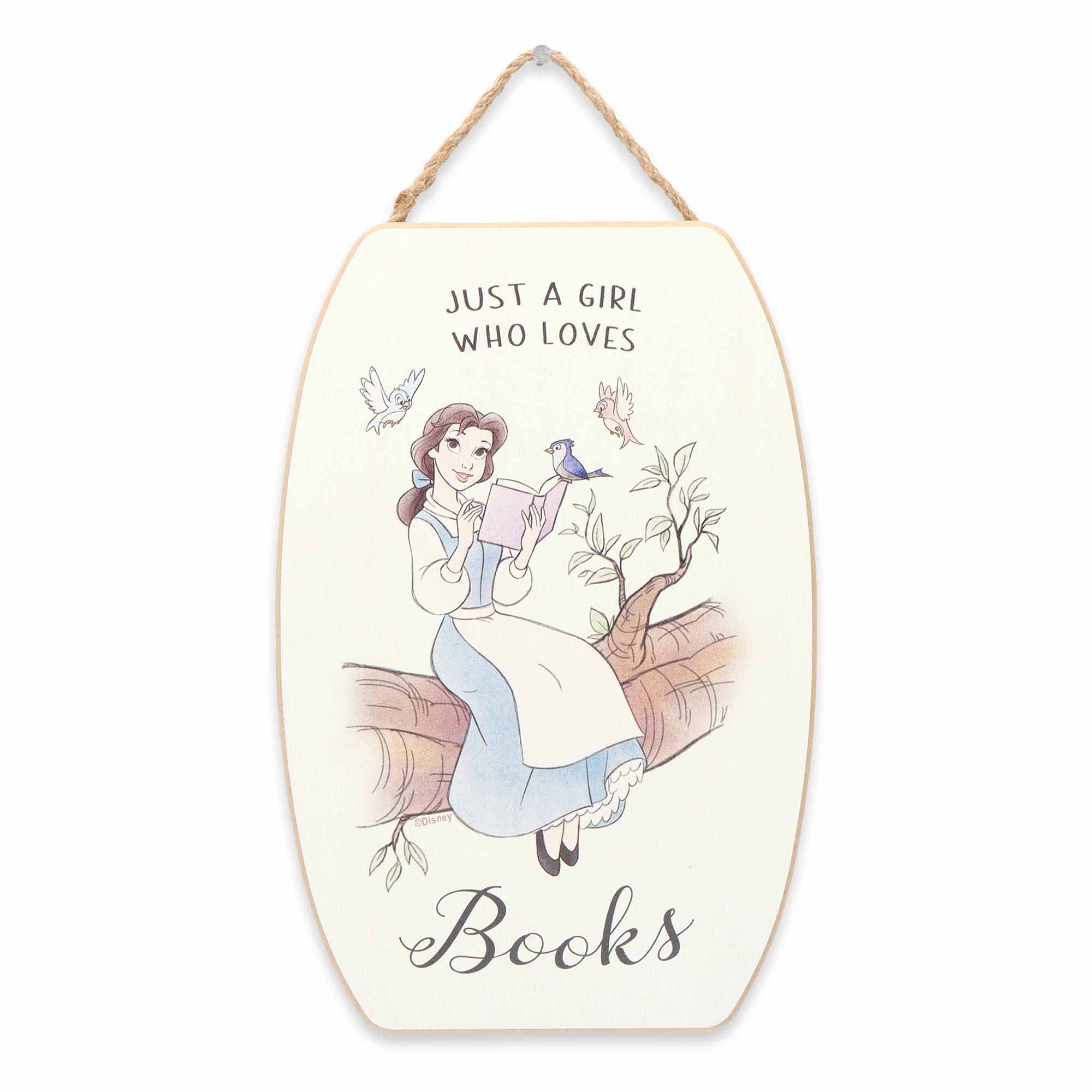 Open Road Brands Disney Beauty And The Beast Just A Girl Who Loves Books Hanging Wood Wall Decor - Cute Belle Decoration For Kid