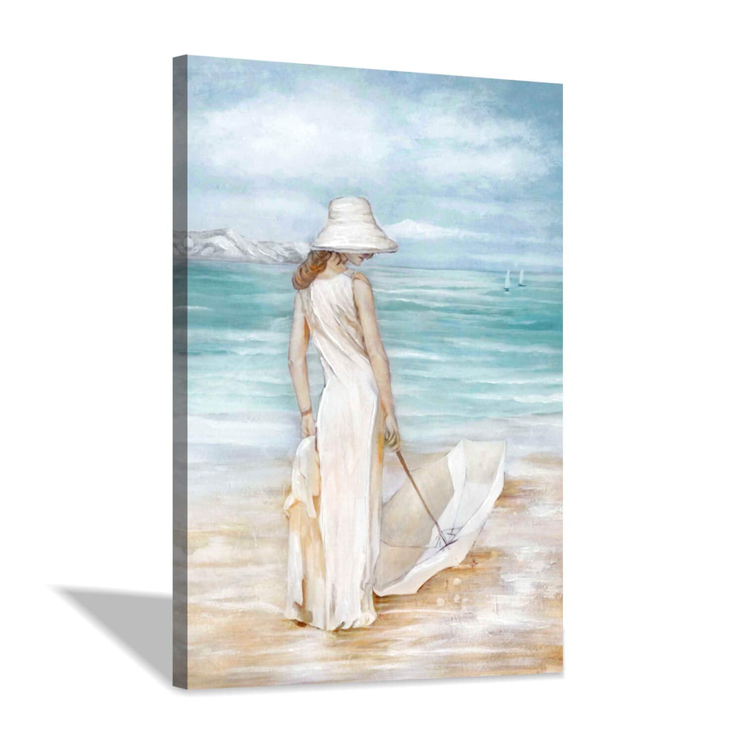 Abstract Beach & Girl Artwork Picture: Blue Seascape Painting Coastal Wall Art On Canvas For Living Room (24    X 36    X 1 Pane