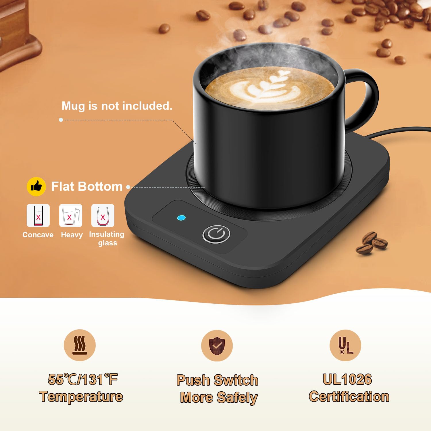 Azyh Electric Coffee Mug Warmer, Aluminum Panel, 131℉, Black, Model A20 for Coffee, Milk, Tea, Cocoa