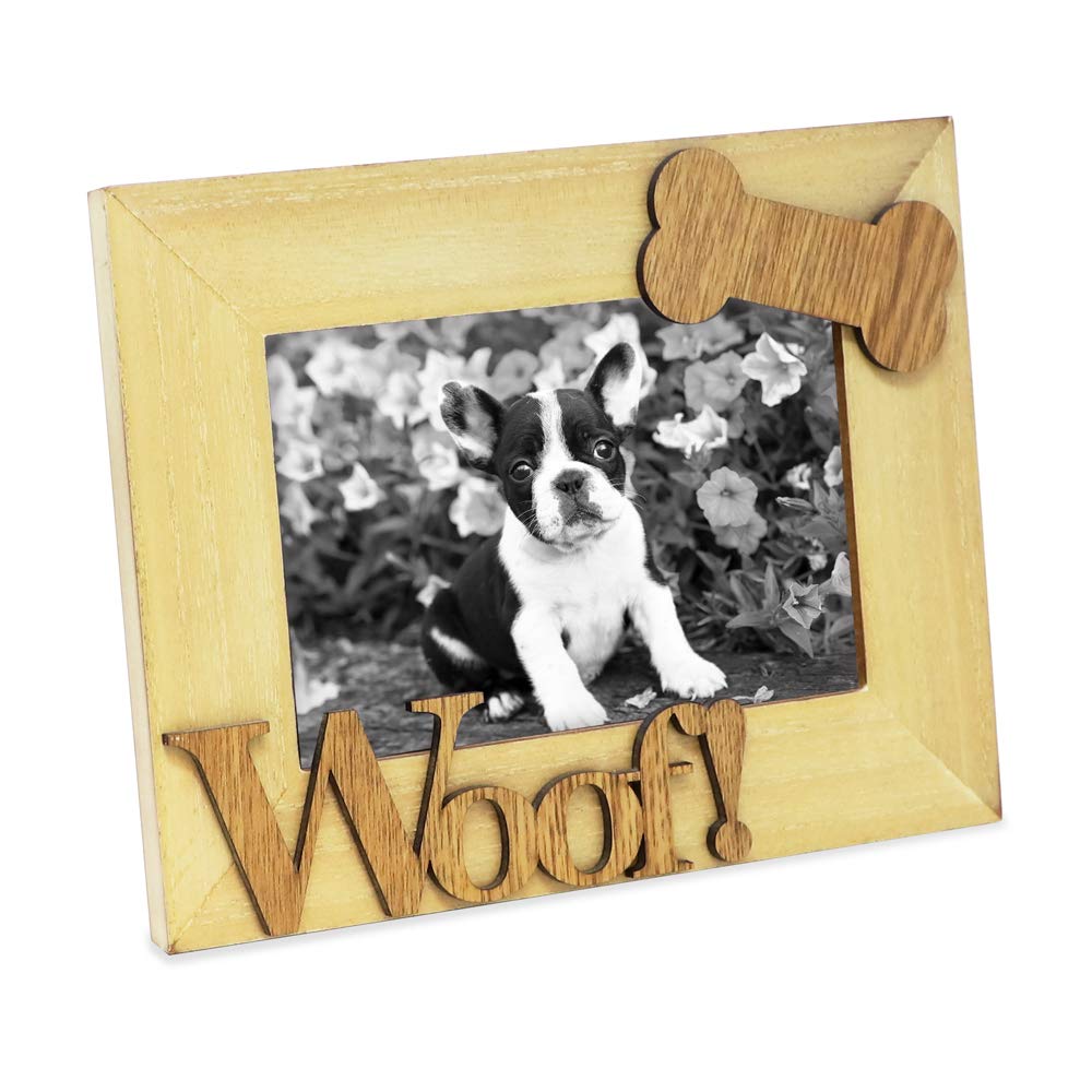 Isaac Jacobs Natural Wood Sentiments Dog Woof!    Picture Frame, 4x6 inch, Photo Gift for Pet Dog, Puppy, Display on Tabletop, D
