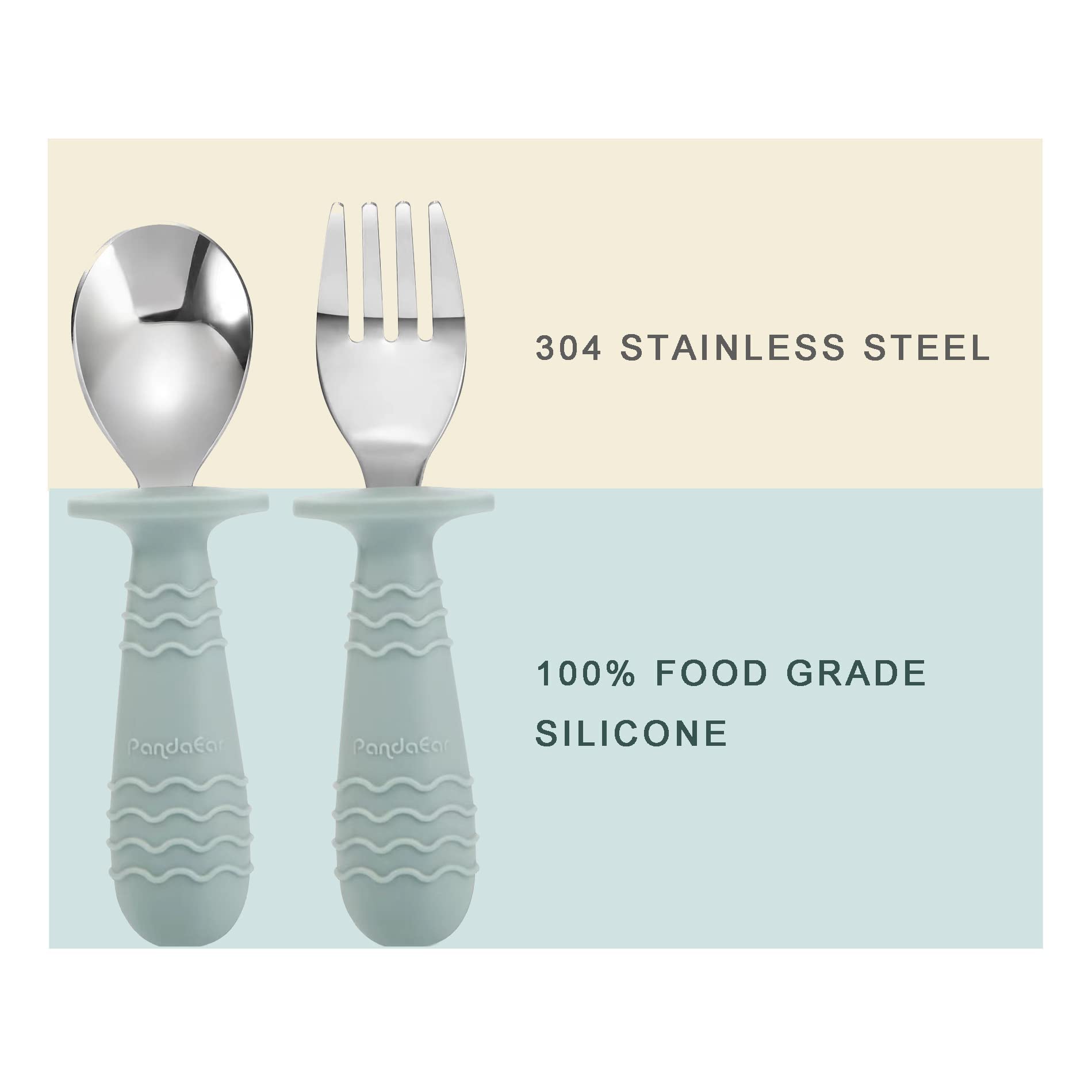 PandaEar 6 Pieces Baby Toddler Silicone Stainless Steel Utensils Silverware Spoon Fork for Baby Toddler BPA Free with Silicone H