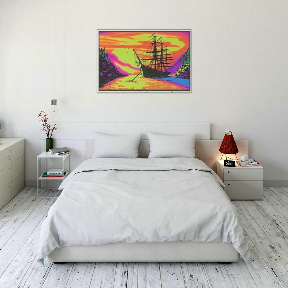 Sunset Bay Ship Blacklight Poster - Authentic Blacklight-Reactive Flocked Material - 35'' X 23''