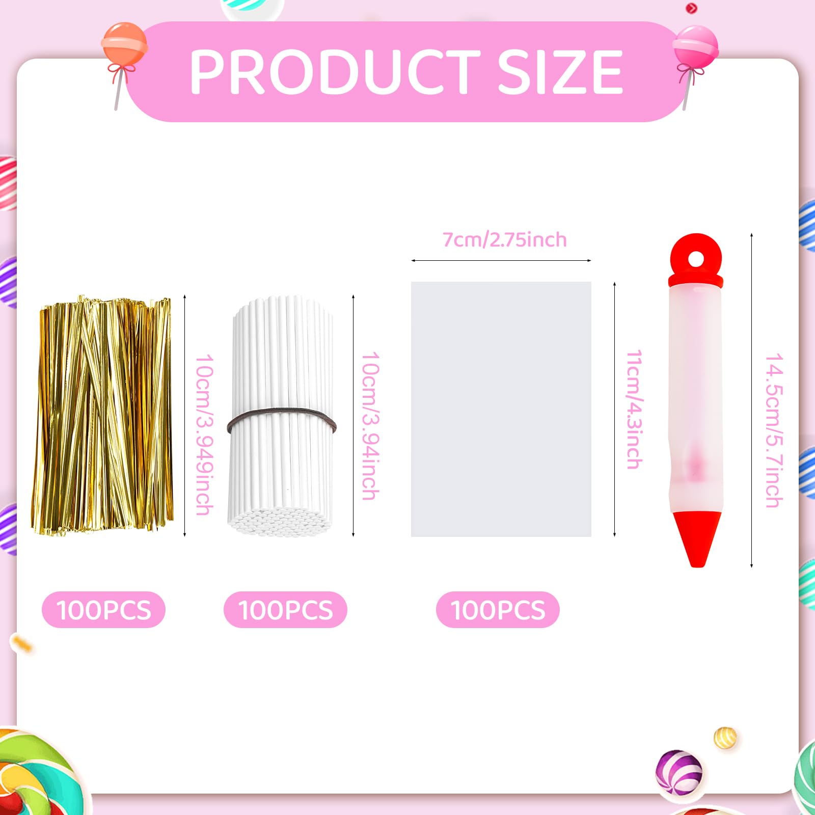 Cake Pop Kit, Including 100 Cake Pop Sticks And Wrappers, 100 Twist Ties, 1 Cake Pop Scooper And Decorating Pen, Cake Pops Makin