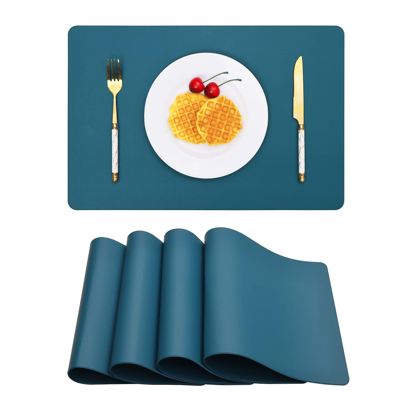 Vinjiasin Placemats Set Of 4 Teal Blue Leather Place Mats For Indoor Outdoor Kitchen Dining Table Mats Waterproof Washable Sturd