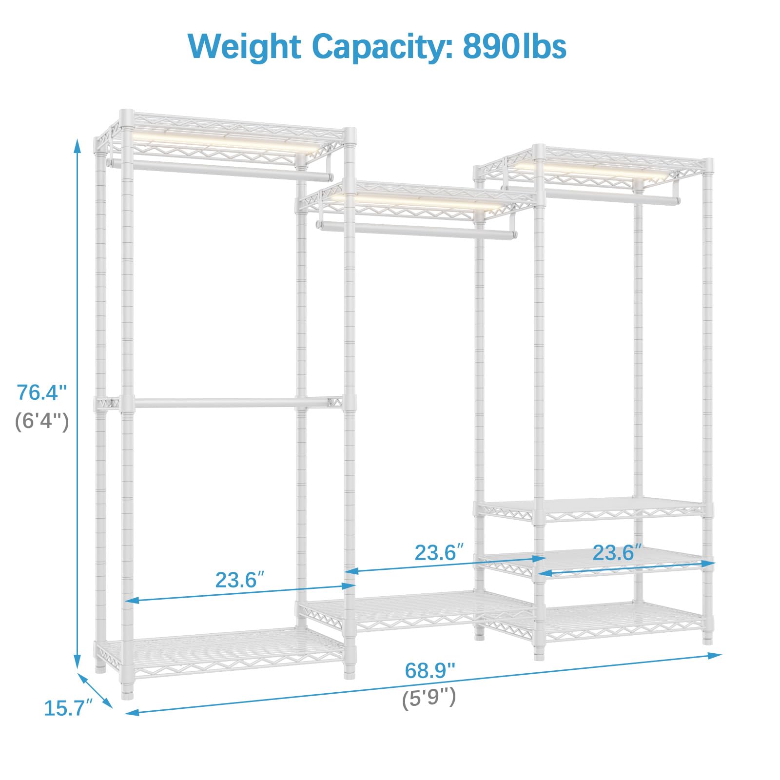 Vipek V5L Garment Rack Heavy Duty Clothes Rack With Dimmable Led Lights, 3000K Warm White, Portable Closet Wardrobe Freestanding