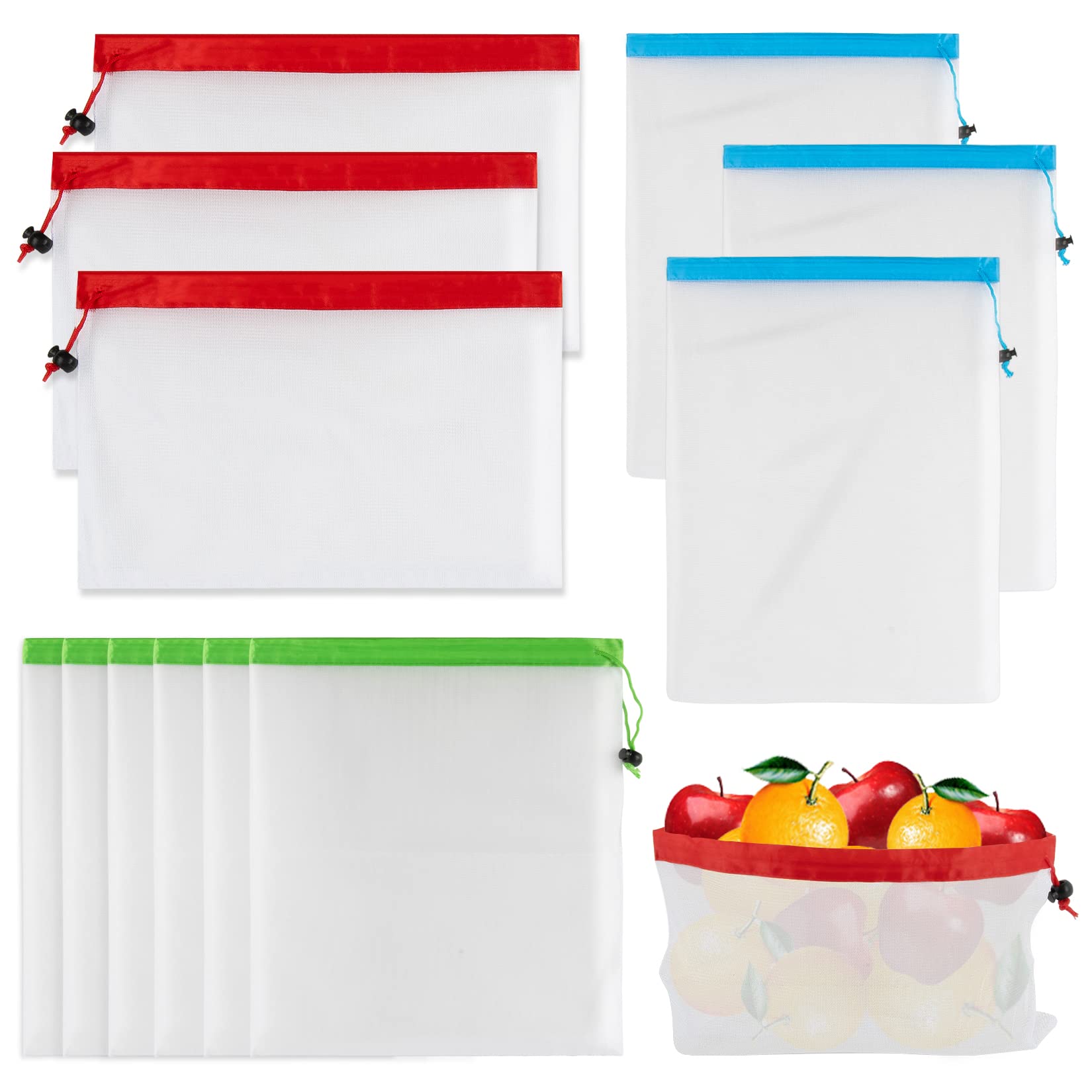 MAQIHAN 12PCS Reusable Produce Bags - Mesh Produce Bags Drawstring Reusable Washable Vegetable Storage Bags Refrigerator Keep Fr