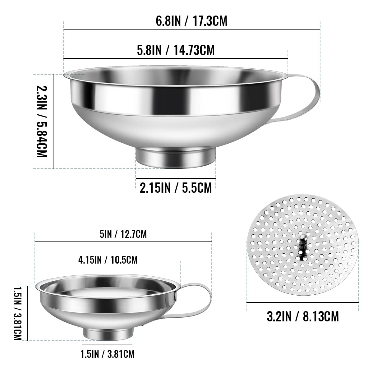 Yuntop 3 Pack Canning Funnel Set - 3-in-1 Stainless Steel Wide Mouth Funnels with Detachable Strainer, Silvery Finish