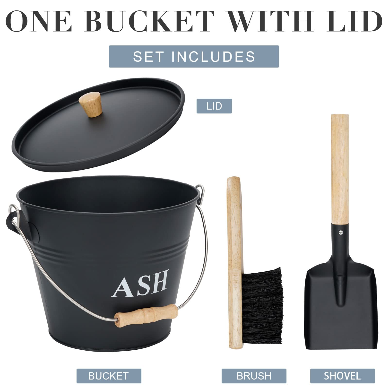 Mini Ash Bucket With Lid, Shovel And Broom, 1.5 Gallon Fireplace Metal Bucket With Lid, Charcoal Bucket And Ash Can For Fireplac