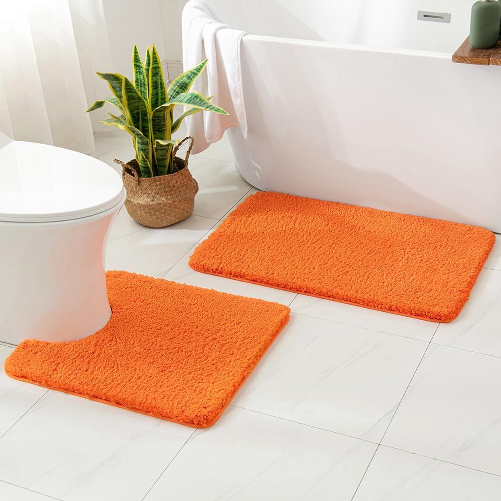 Miulee Fall Orange Microfiber Bathroom Rugs And Mats Sets 2 Pieces Extra Thick Non Slip Bath Mat And U-Shaped Contour Toilet Rug