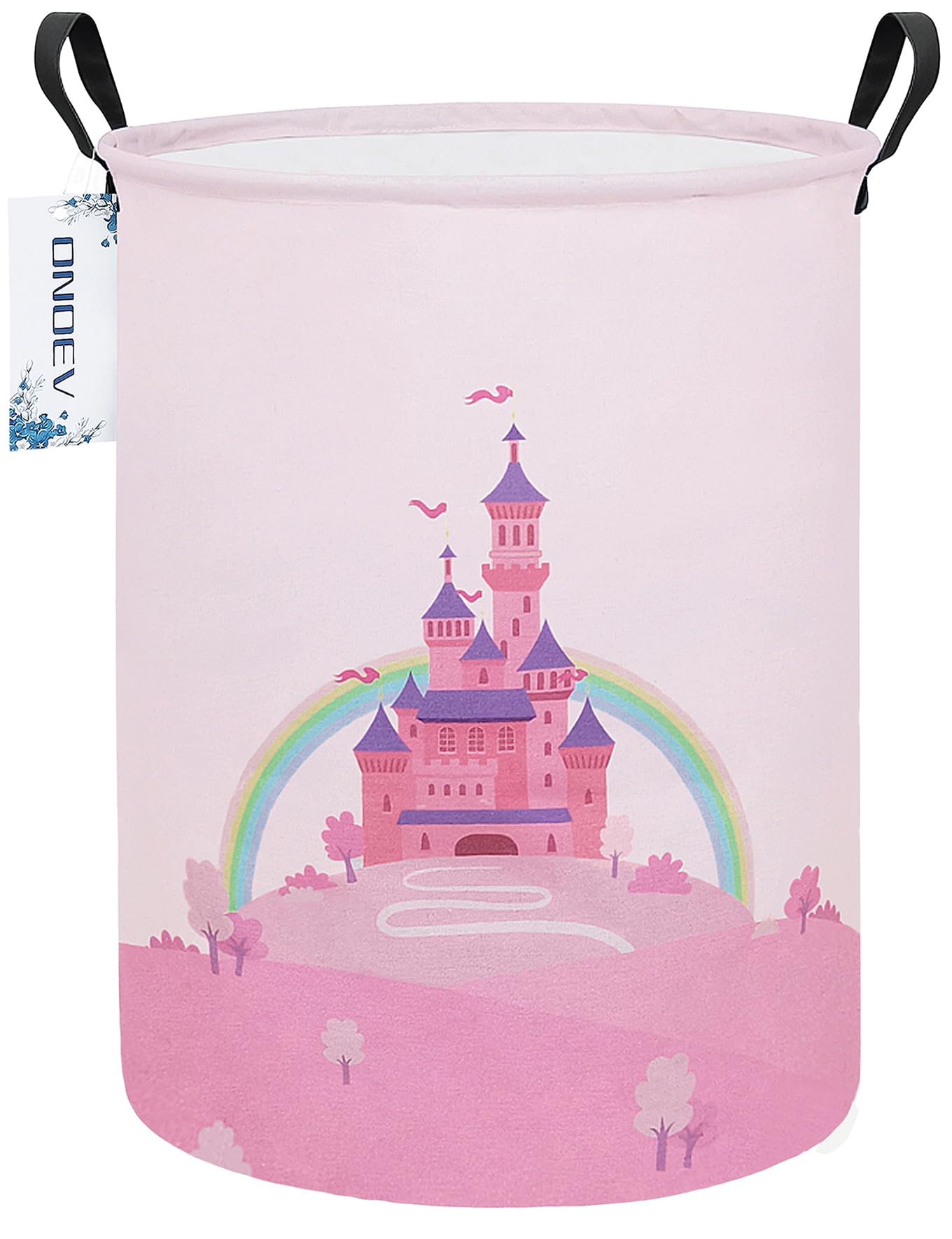 ONOEV Laundry Hamper, Round Waterproof Storage Basket with Handle, Foldable, Pink Castle, 19.7in(H) x 15.7in(D), for Childrens 