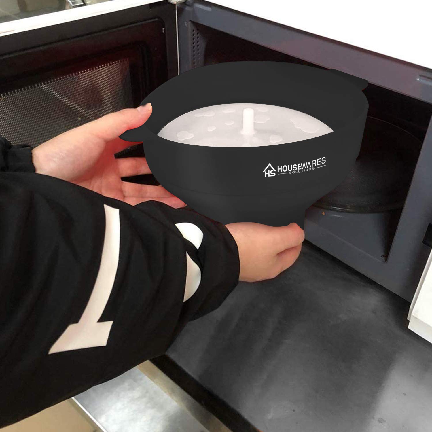 Collapsible Silicone Microwave Hot Air Popcorn Popper Bowl With Lid And Handles (Black)