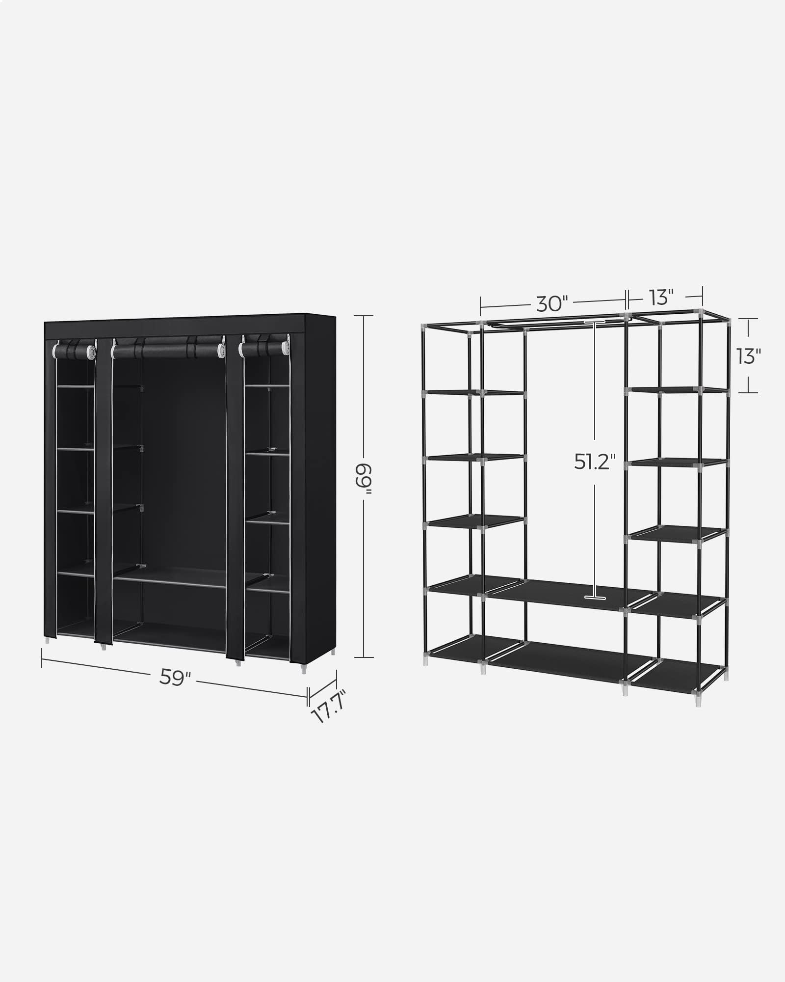 SONGMICS Closet Wardrobe  Portable Closet for Bedroom  Clothes Rail with Non-Woven Fabric Cover  Clothes Storage Organizer  59 x 17.7 x 69 Inches  12 Compartments  Black ULSF03H