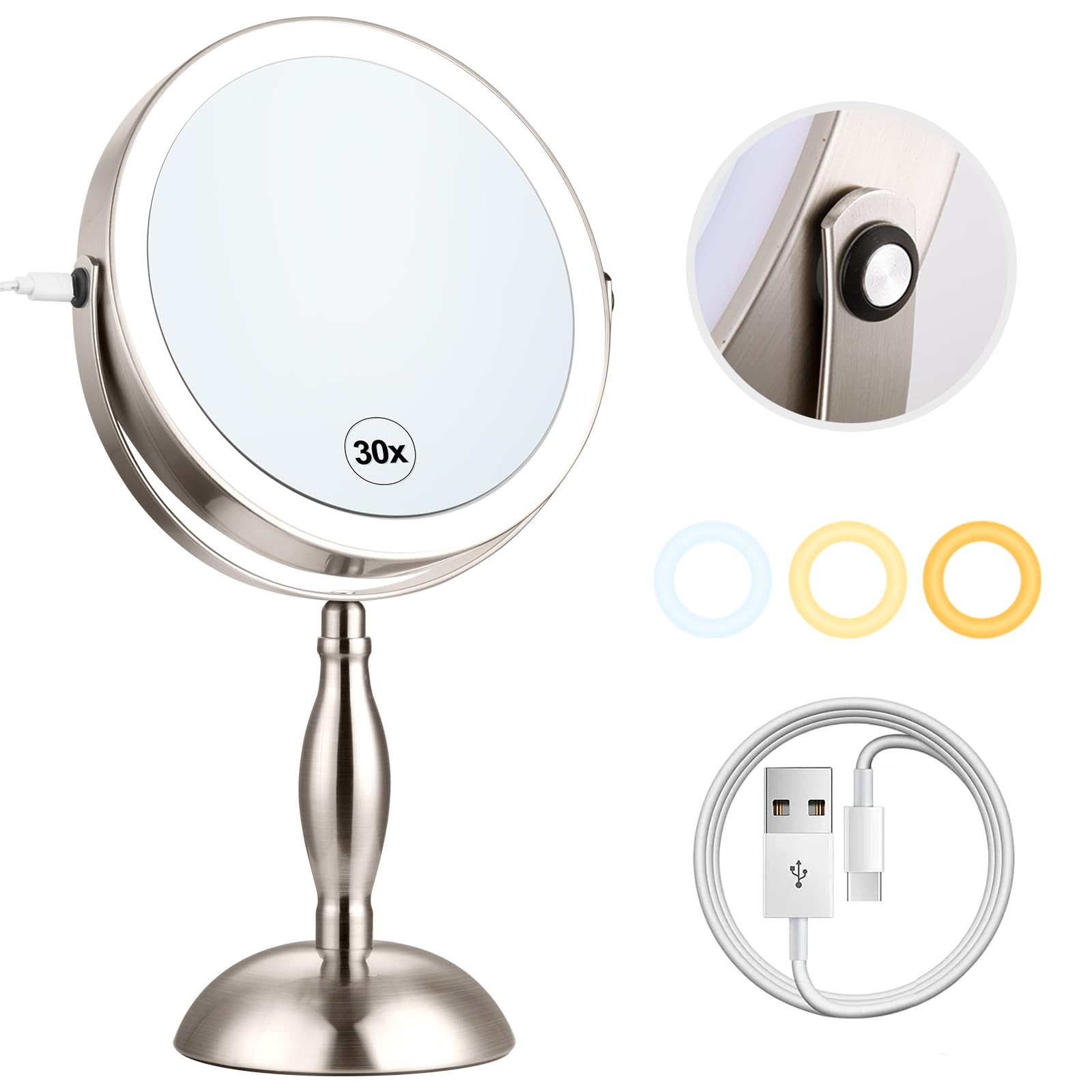 Makeup Mirror With Lighted, 30X Magnifying Mirror With 3 Lights Colors, Vanity Mirror Brushed Nickel - 360 Rotation, Brightness