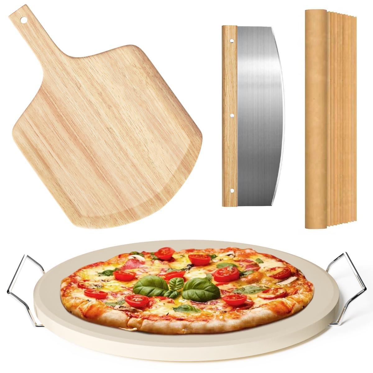 5 Pcs Round Pizza Stone Set, 13'' Pizza Stone For Oven And Grill With Pizza Peel(Oak),Serving Rack, Pizza Cutter & 10Pcs Cooking