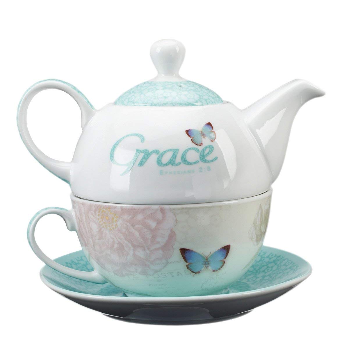 Christian Art Gifts Ceramic 14 Oz. Teapot Set For Women: Botanic Butterfly Blessings - Grace Ephesians 2:8 Inspirational Bible V