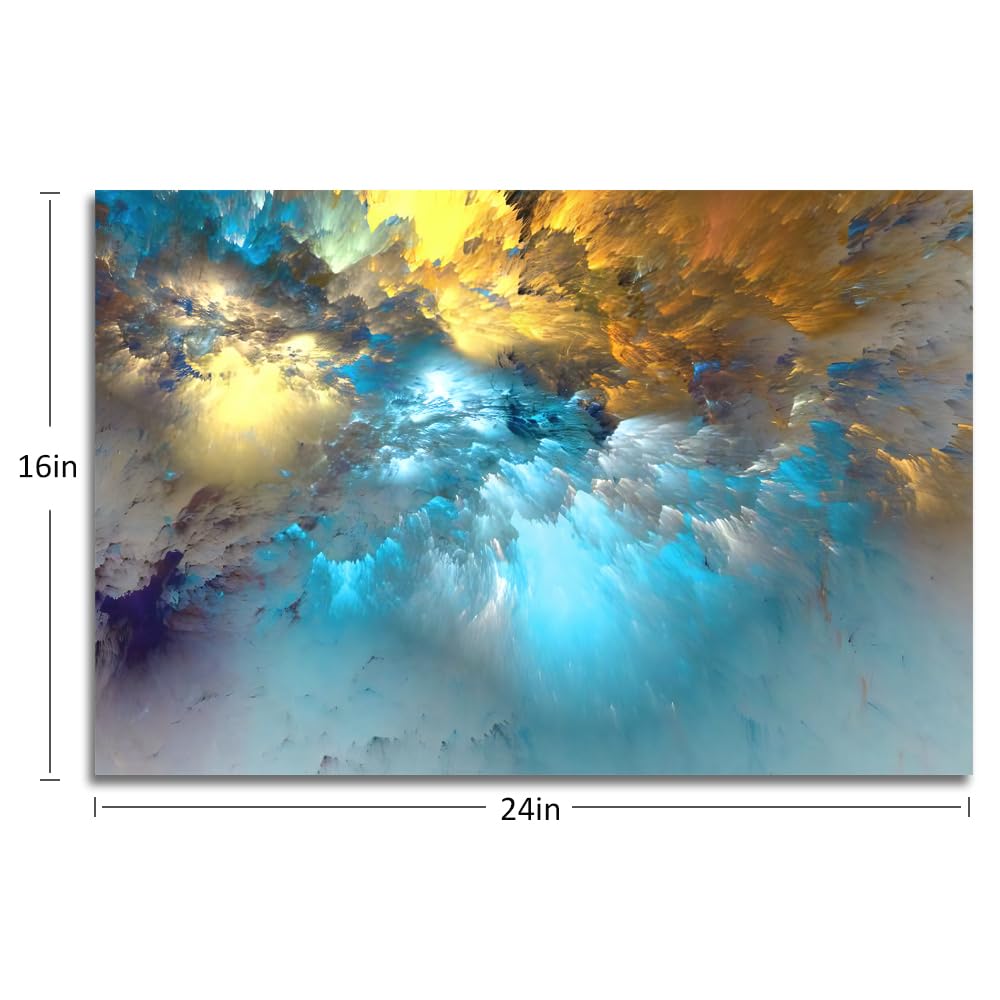 Golden Canvas Wall Art Blue Modern Abstract Painting Prints Colorful Smoke Billowing on White Background Framed Energetic Artwork Pictures for Living Room Bedroom Hallway Wall Decoration 24x16in