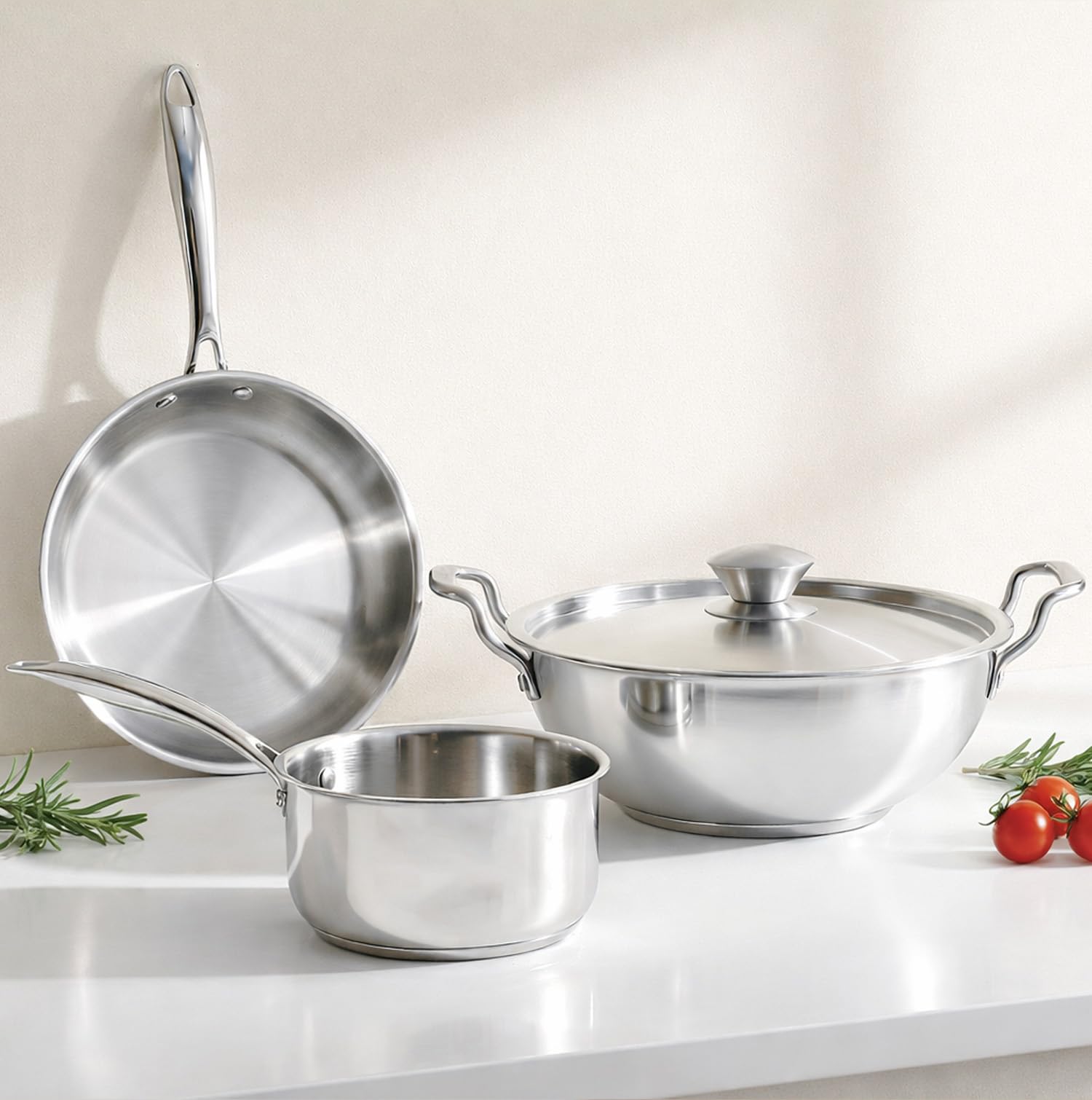 Solara Sterra Stainless Steel Cookware Set Of 3, Frying Pan 22Cm(1.7L) +Kadai With Lid 22Cm (2.3L) +Sauce Pan 16Cm(1.7L), Triply