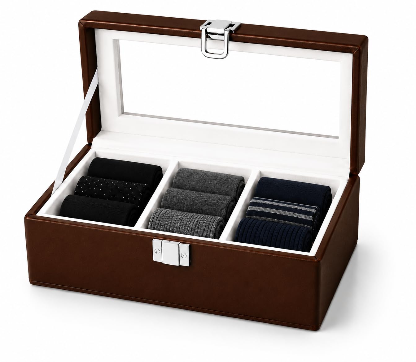 La Trove 3Slot Glass Lid Socks Organizer Box For Men And Women, Brown