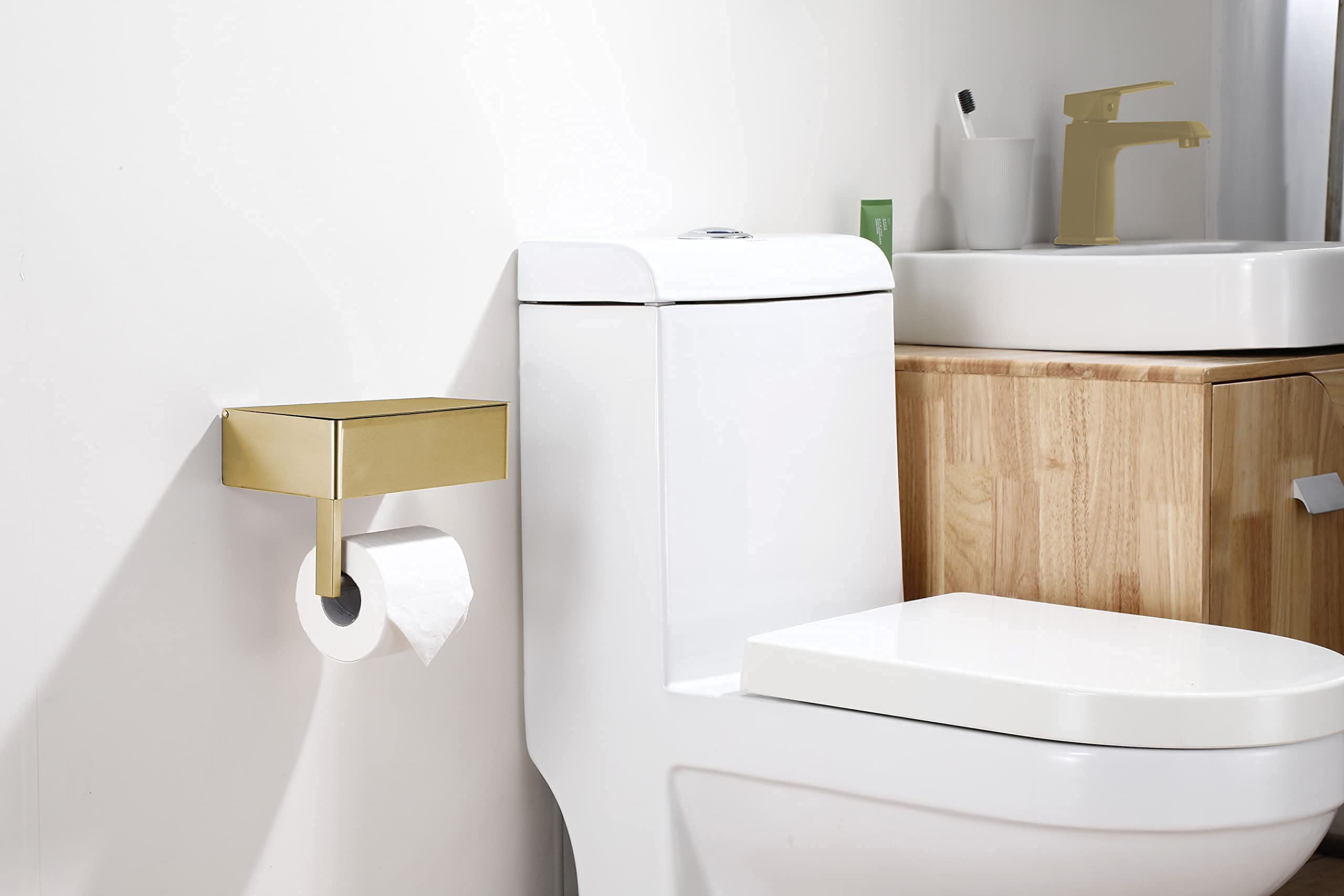 Day Moon Designs Brushed Gold Toilet Paper Holder with Shelf - Wipe Holder for Bathroom  Flushable Wipes Dispenser - Toilet Paper and Wipes Holder - Toilet Paper Holder with Storage  Tampon Holder