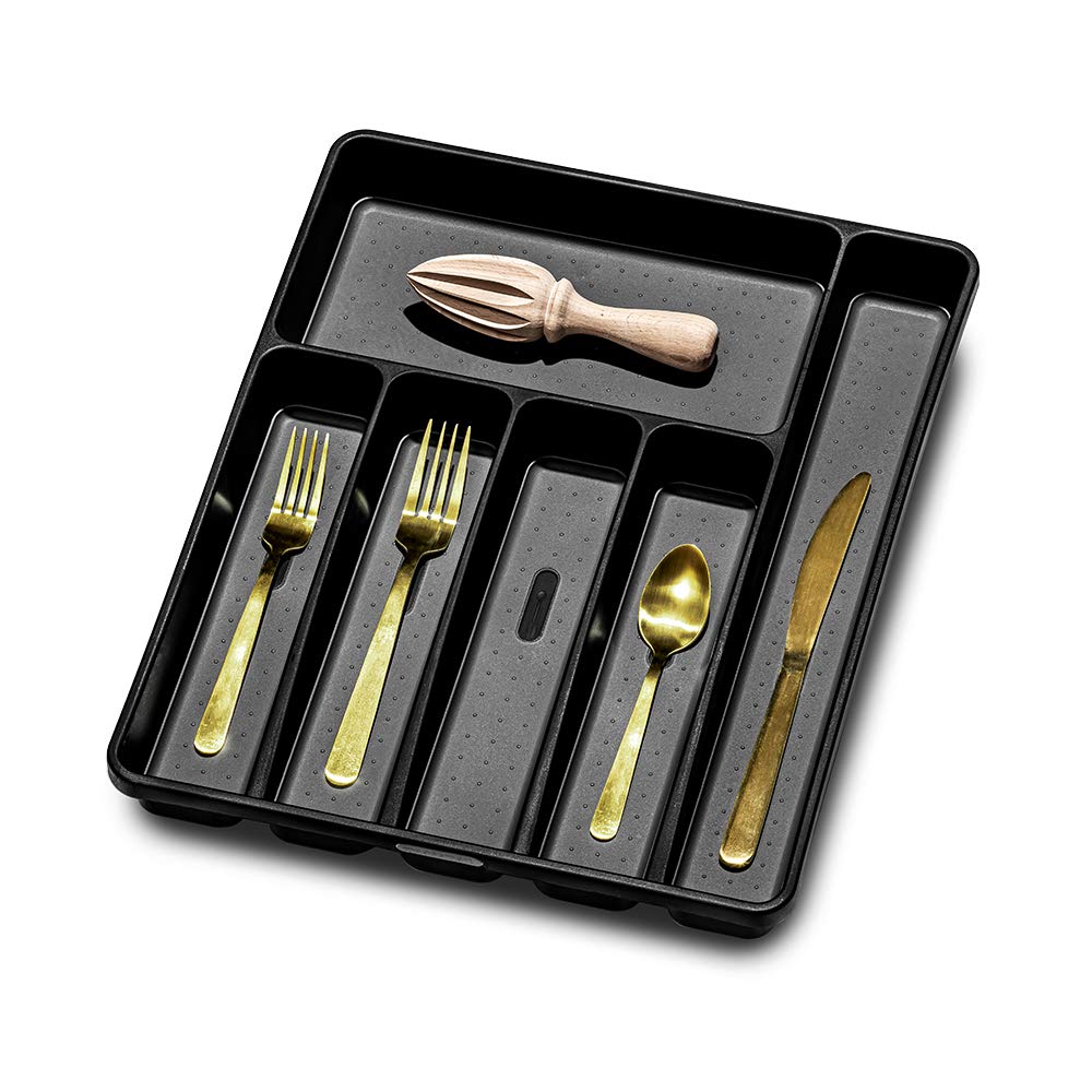 Madesmart Silverware Tray-Carbon Collection 6 Compartments, Soft-Grip Lining & Non-Slip Feet & Bpa-Free, Large