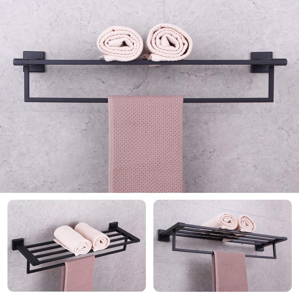 Gerzwy Towel Shelf With Towel Bar Rack Organizer For Bathroom 24-Inch Sus 304 Stainless Steel Modern Wall Mount Matte Black