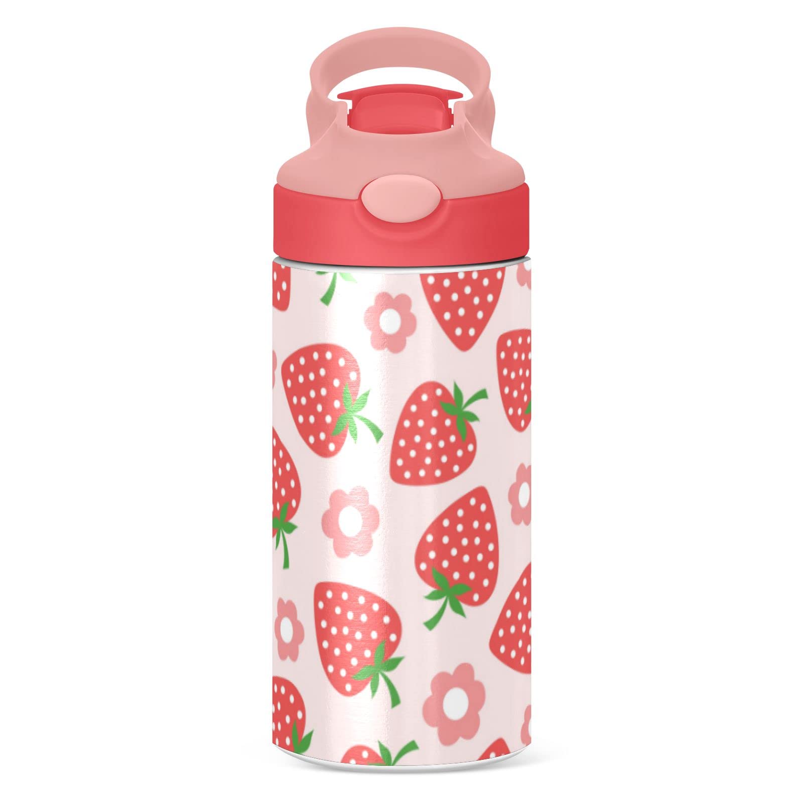 Children Insulated Water Bottles With Straw For School Kids Strawberry Cute Pink Stainless Steel Vacuum Double Wall Keeps Hot An