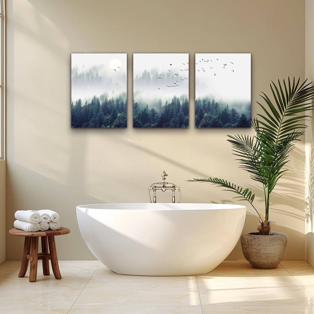 3 Piece Canvas Wall Art For Living Room- Wall Decorations For Bedroom Foggy Forest Trees Landscape Painting- Modern Home Decor Stretched And Framed Ready To Hang Pictures- 20''X28''X3 Panels Wall Decor