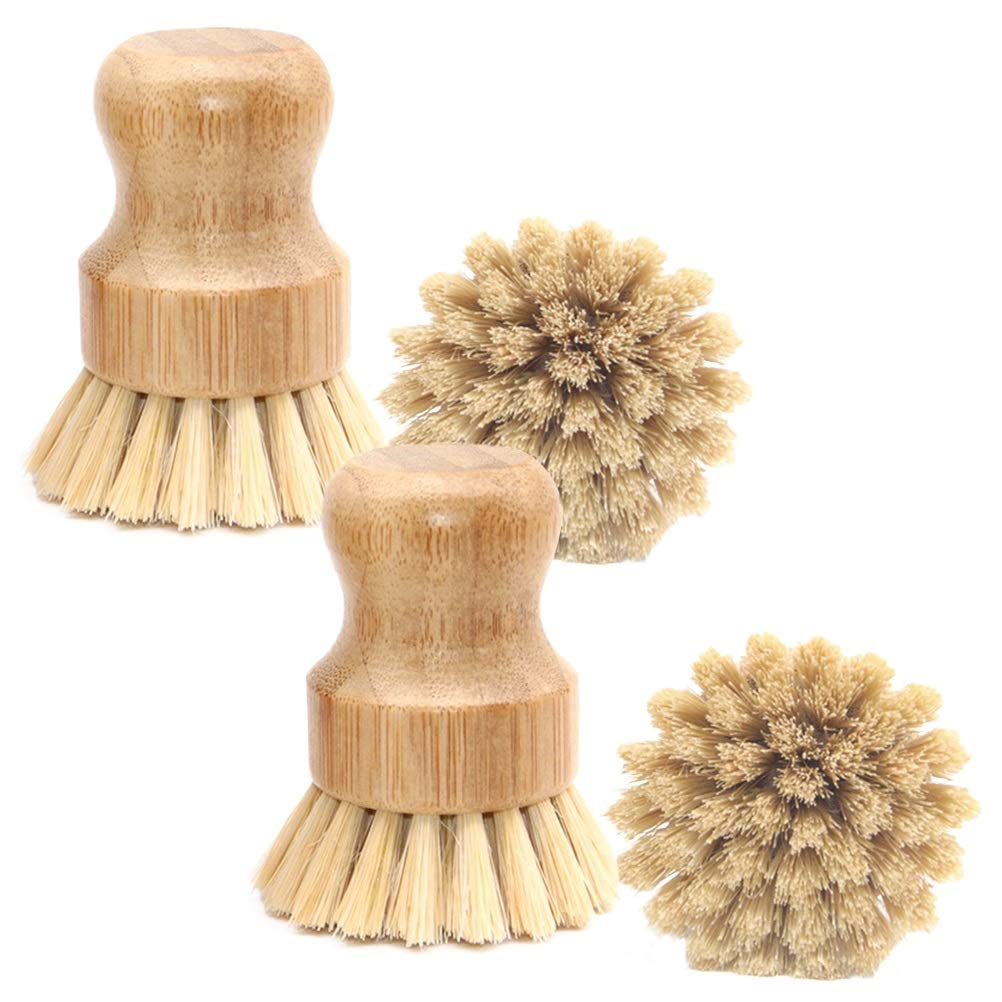 4 Packs Bamboo Palm Scrub Brush Sisal Dish Brush Round Natural Dish Scrubber For Cast Iron Pots, Pans, Kitchen Sink And Vegetabl