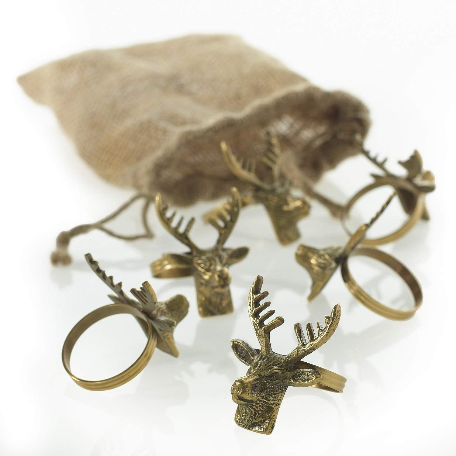 Accent Decor Deer Head Brass Napkin Rings In Jute Bag, Set Of 6
