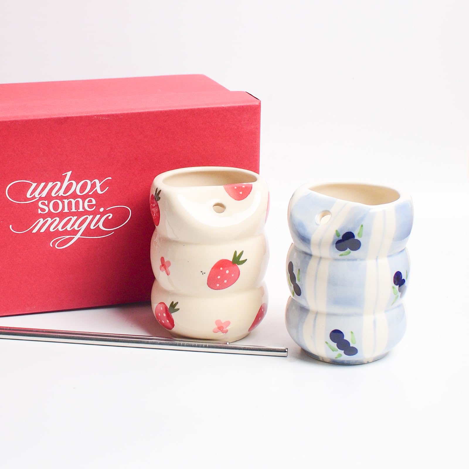 Qshi Studio Strawberry & Blueberry Ceramic Tumbler Gift Set With Stainless Steel Straw | 240 Ml Capacity | Comes In Giftbox | Ha