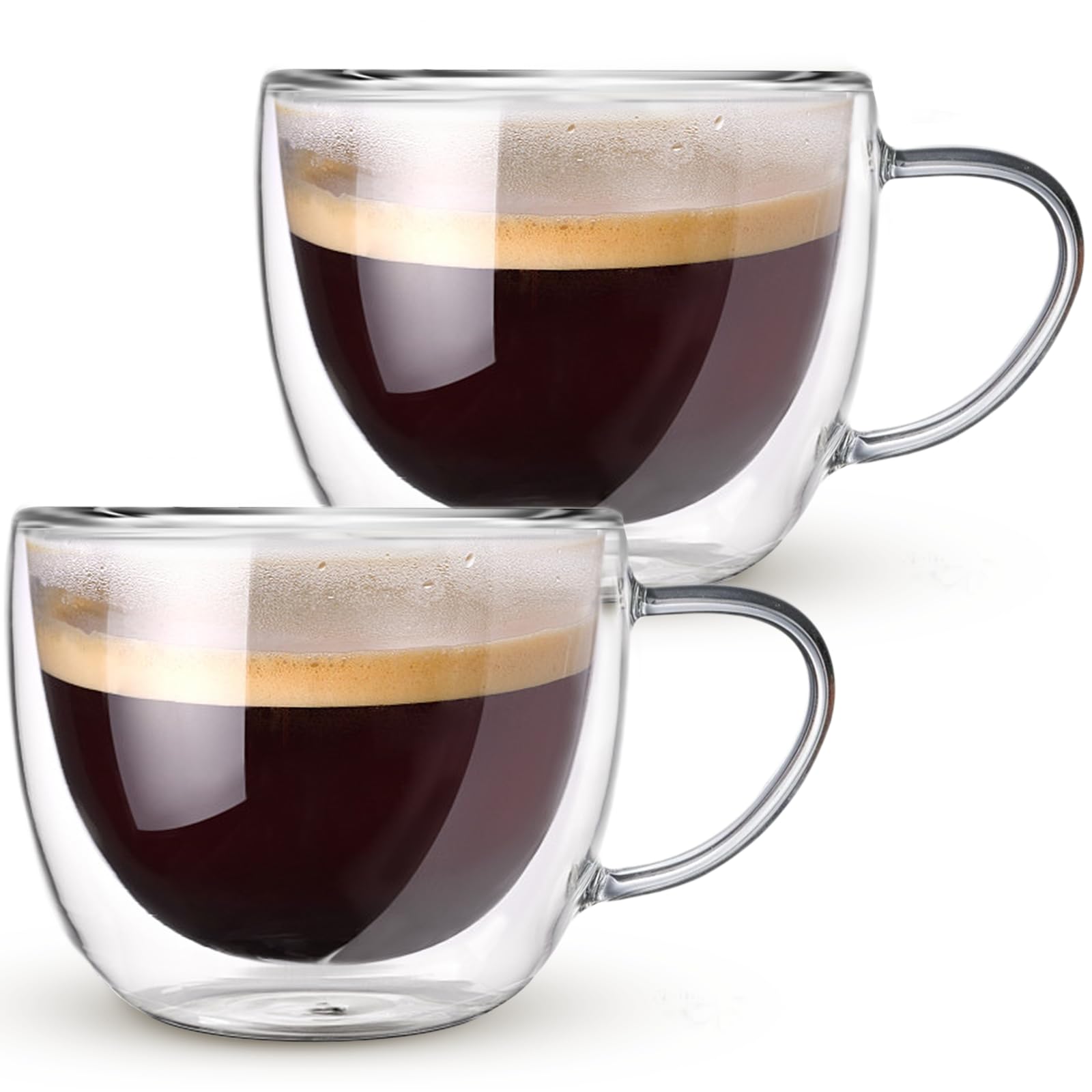Double Walled Glass Coffee Mugs Set of 2, 8 oz Hand Blown Insulated mugs with Handle, Clear Coffee Mugs for Cappuccino, Latte, E